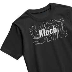Black Kloch t-shirt with abstract white line art and bold logo on front