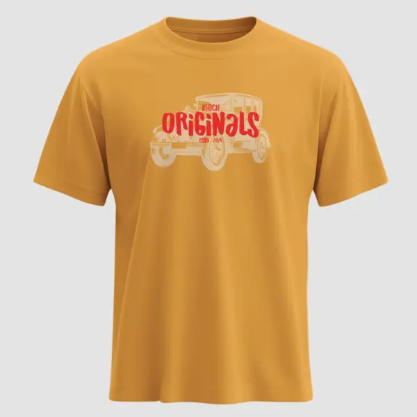 Mustard yellow Kloch Originals t-shirt with red retro text and vintage car graphic print on front