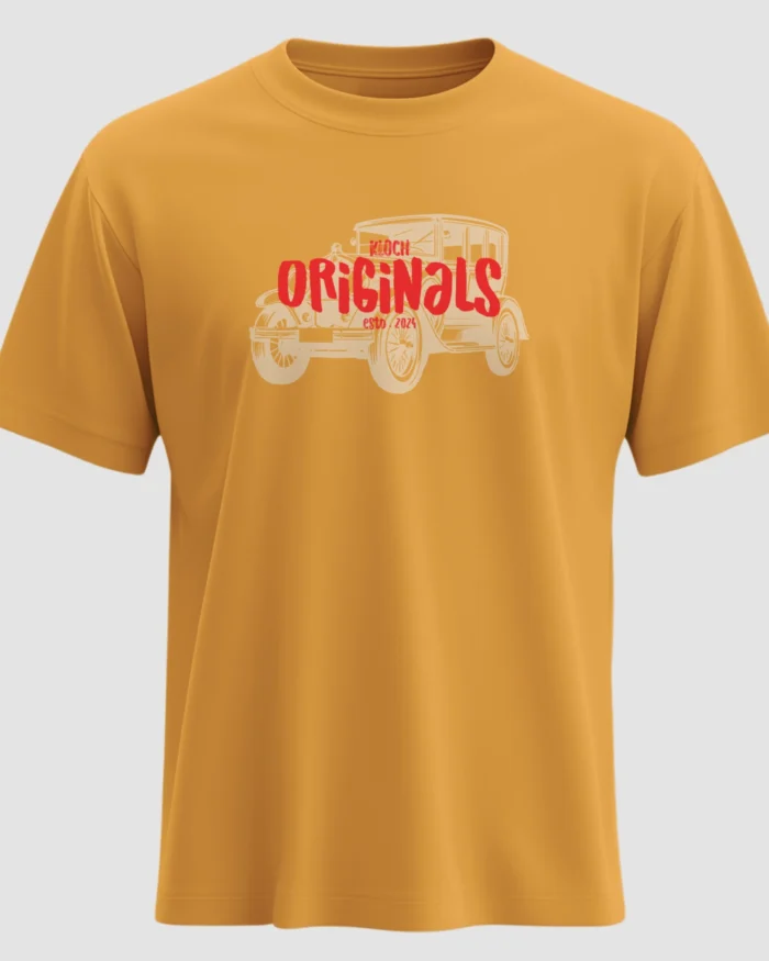 Mustard yellow Kloch Originals t-shirt with red retro text and vintage car graphic print on front
