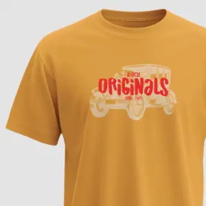Mustard yellow Kloch Originals t-shirt with red retro text and vintage car graphic print on front