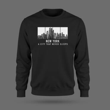Black crew neck sweatshirt with a white New York skyline graphic and the text “New York – A City That Never Sleeps”.