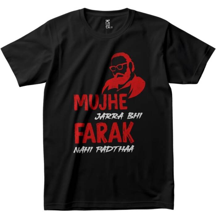 Black t-shirt featuring a red and white graphic of Sandeep Reddy Vanga and the quote “Mujhe Jarra Bhi Farak Nahi Padthaa”