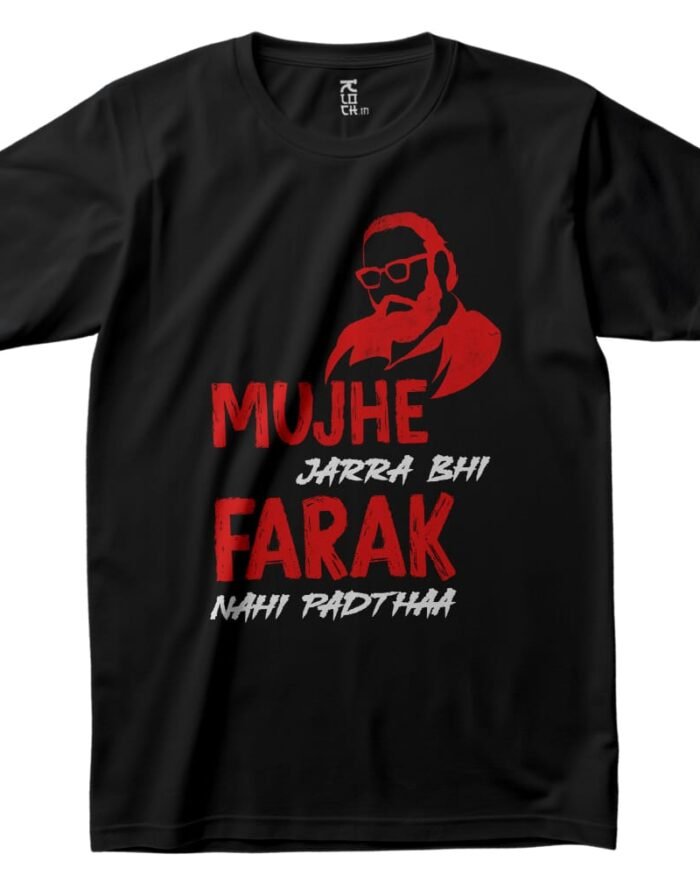 Black t-shirt featuring a red and white graphic of Sandeep Reddy Vanga and the quote “Mujhe Jarra Bhi Farak Nahi Padthaa”