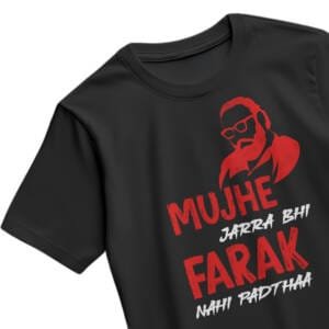 Black t-shirt featuring a red and white graphic of Sandeep Reddy Vanga and the quote “Mujhe Jarra Bhi Farak Nahi Padthaa”