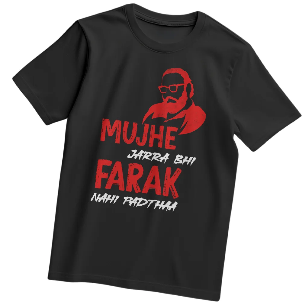 Black t-shirt featuring a red and white graphic of Sandeep Reddy Vanga and the quote “Mujhe Jarra Bhi Farak Nahi Padthaa”