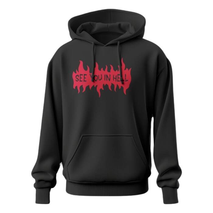 Black oversized hoodie with red flame graphic and “SEE YOU IN HELL” gothic text on the front.