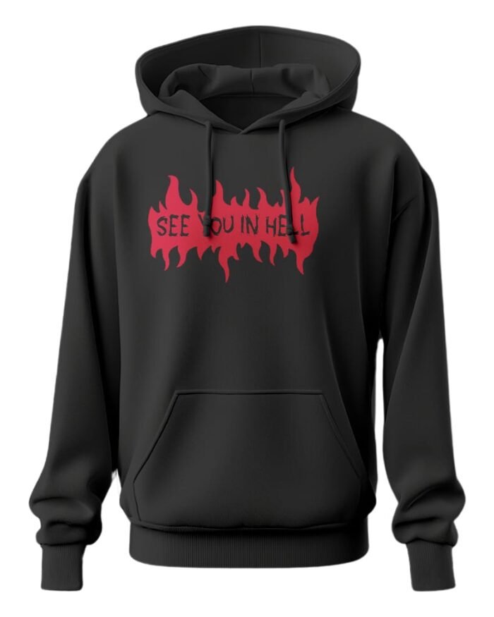 Black oversized hoodie with red flame graphic and “SEE YOU IN HELL” gothic text on the front.