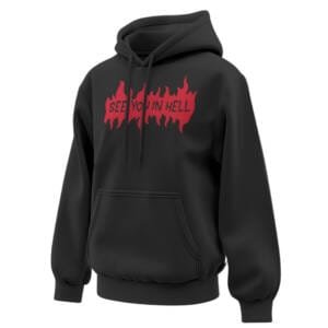 Black oversized hoodie with red flame graphic and “SEE YOU IN HELL” gothic text on the front.