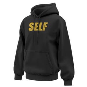Black oversized hoodie with gold foil “SELF” typography on the chest, minimalist design.