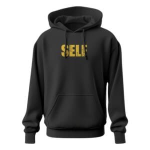 Black oversized hoodie with gold foil “SELF” typography on the chest, minimalist design.