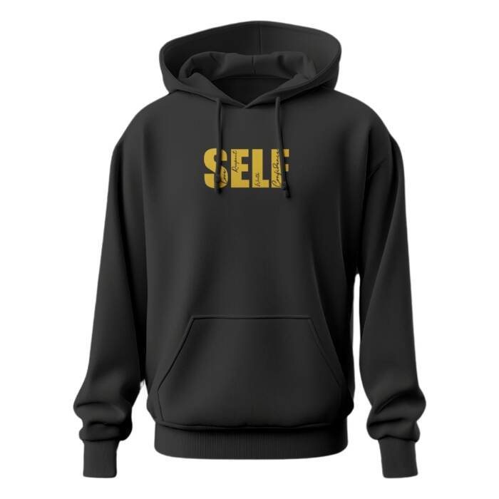 Black oversized hoodie with gold foil “SELF” typography on the chest, minimalist design.