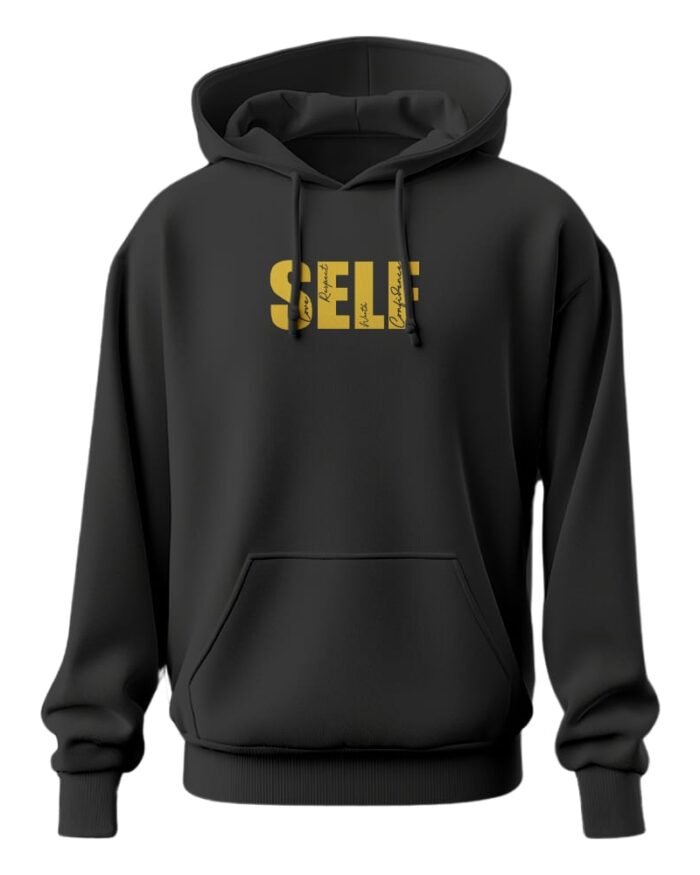 Black oversized hoodie with gold foil “SELF” typography on the chest, minimalist design.