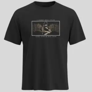 Black t-shirt featuring Pawan Kalyan with wings and “Veera Runs in Our Veins” quote – Official Hari Hara Veera Mallu merchandise by Kloch