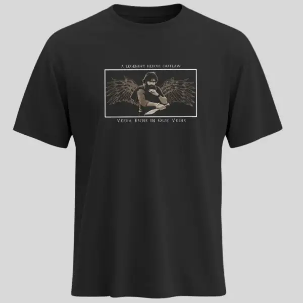 Black t-shirt featuring Pawan Kalyan with wings and “Veera Runs in Our Veins” quote – Official Hari Hara Veera Mallu merchandise by Kloch