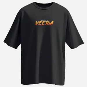 Oversized black “Born To Fight – Rage of Veera” T-shirt with cinematic Pawan Kalyan print, available in 240 GSM and 180 GSM 100% cotton variants – Official Hari Hara Veera Mallu merch.