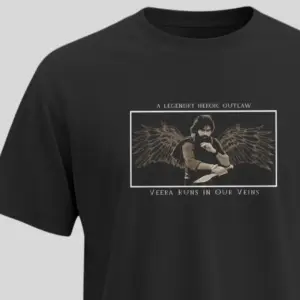 Black t-shirt featuring Pawan Kalyan with wings and “Veera Runs in Our Veins” quote – Official Hari Hara Veera Mallu merchandise by Kloch
