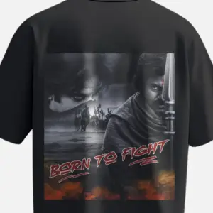 Oversized black “Born To Fight – Rage of Veera” T-shirt with cinematic Pawan Kalyan print, available in 240 GSM and 180 GSM 100% cotton variants – Official Hari Hara Veera Mallu merch.