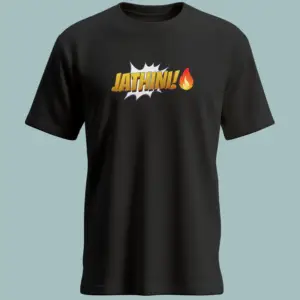 Black T-Shirt with Bold “JATHINI!” Telugu Meme Typography and Fire Emoji – Unisex Regular Fit by Kloch
