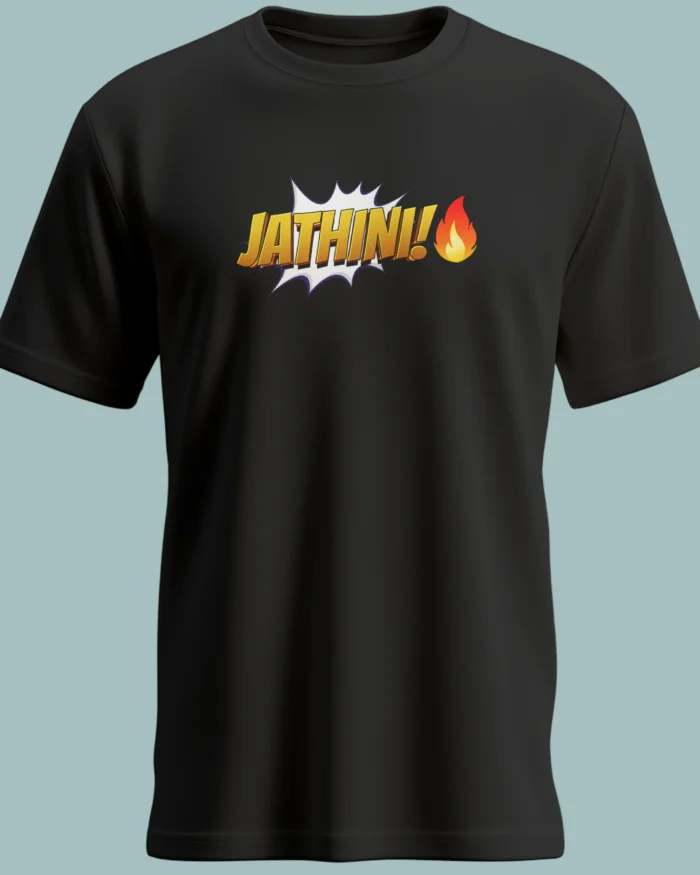 Black T-Shirt with Bold “JATHINI!” Telugu Meme Typography and Fire Emoji – Unisex Regular Fit by Kloch