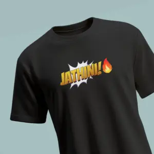 Black T-Shirt with Bold “JATHINI!” Telugu Meme Typography and Fire Emoji – Unisex Regular Fit by Kloch