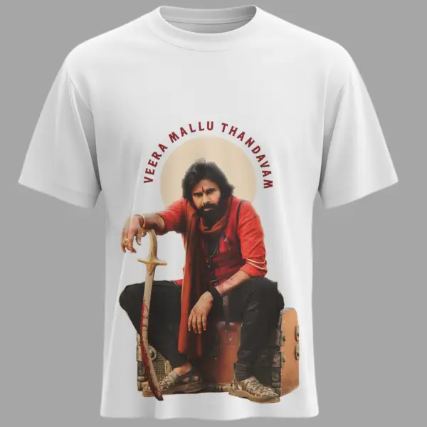 Official Veera Mallu Thandanam T-Shirt featuring Pawan Kalyan from Hari Hara Veera Mallu movie – White Unisex Regular Fit Tee