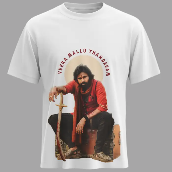 Official Veera Mallu Thandanam T-Shirt featuring Pawan Kalyan from Hari Hara Veera Mallu movie – White Unisex Regular Fit Tee