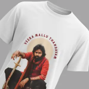 Official Veera Mallu Thandanam T-Shirt featuring Pawan Kalyan from Hari Hara Veera Mallu movie – White Unisex Regular Fit Tee