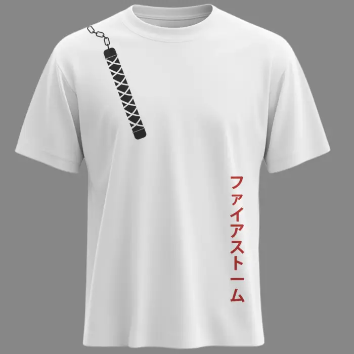 White OG fanwear T-shirt with black nunchaku shoulder print, red Japanese “Firestorm” text on front, and black snake silhouette back design, unisex regular fit, by Kloch.