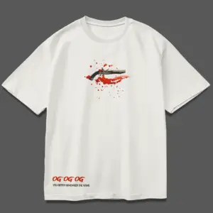 OG Ojas Gambheera Oversized White T-Shirt with blood splatter shotgun graphic.