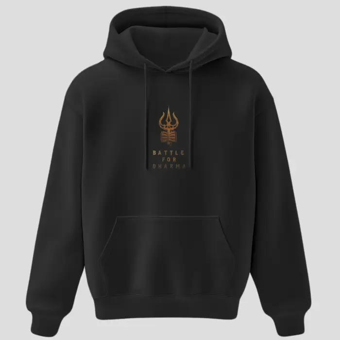 Black unisex hoodie with golden trishul and “Battle for Dharma” text – spiritual streetwear by Kloch