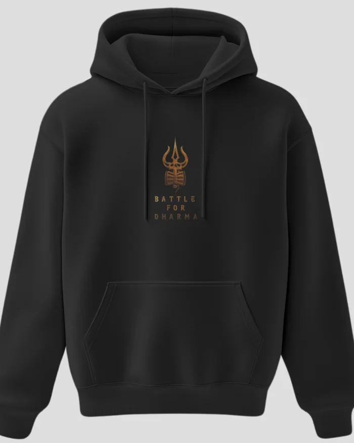 Black unisex hoodie with golden trishul and “Battle for Dharma” text – spiritual streetwear by Kloch