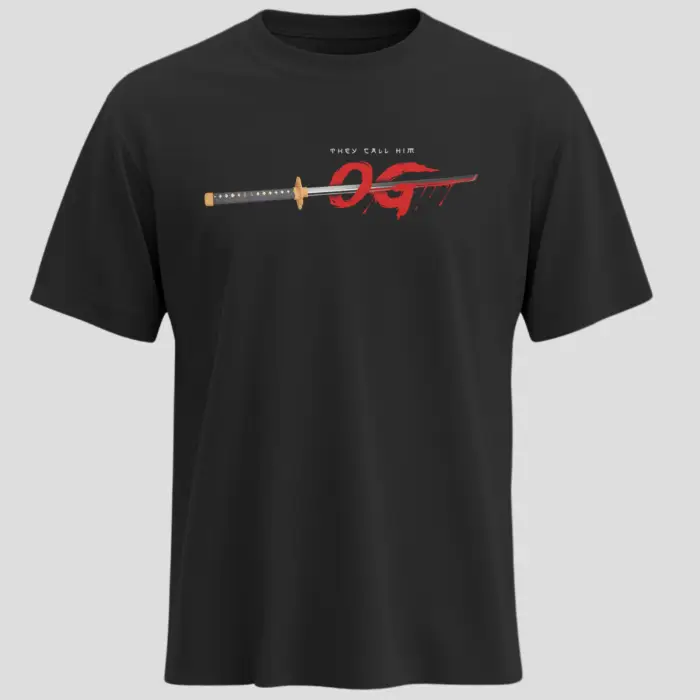 Black OG fanwear T-shirt with “They Call Him OG” text and katana sword graphic, unisex regular fit, premium cotton, by Kloch.