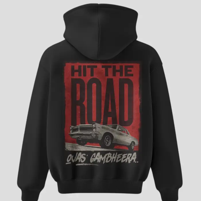 OG Ojas Gambheera Black Unisex Hoodie with “Hit The Road” text and vintage muscle car graphic.