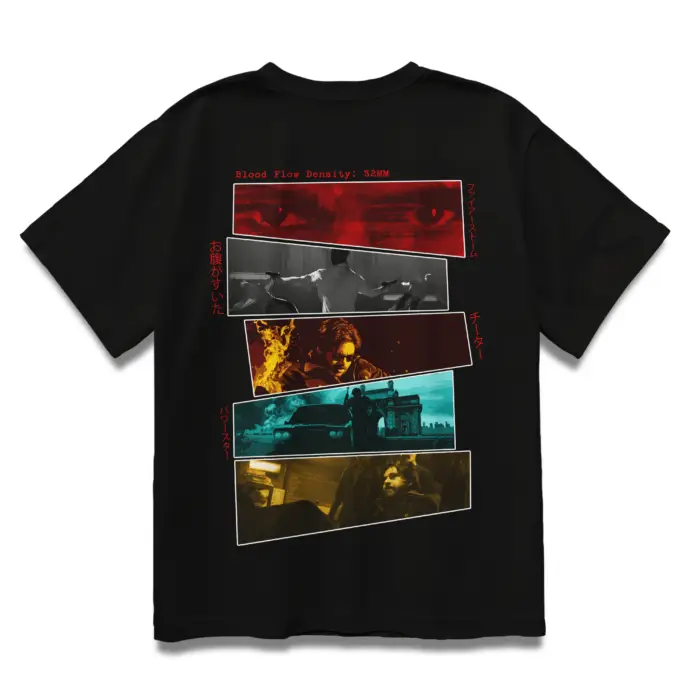 OG Ojas Gambheera Oversized Black T-Shirt with cinematic panel collage and Japanese typography.
