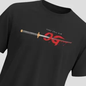 Black OG fanwear T-shirt with “They Call Him OG” text and katana sword graphic, unisex regular fit, premium cotton, by Kloch.