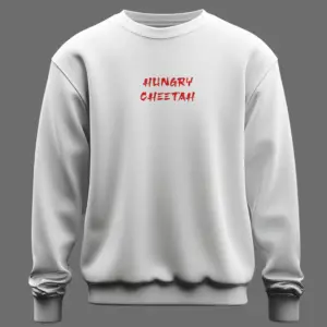 Front view of Hungry Cheetah OG Fanwear Sweatshirt – white cotton, red text print
