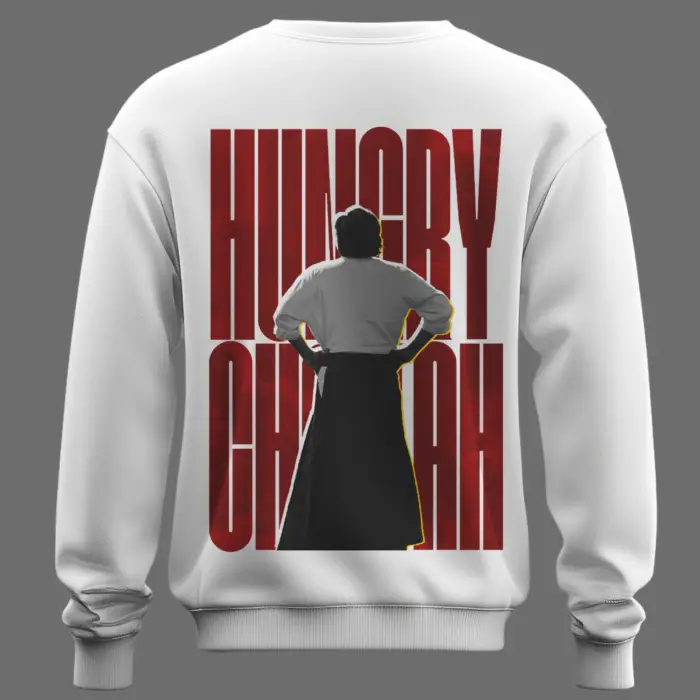 Back view of Hungry Cheetah OG Fanwear Sweatshirt – Pawan Kalyan inspired silhouette graphic with bold red typography