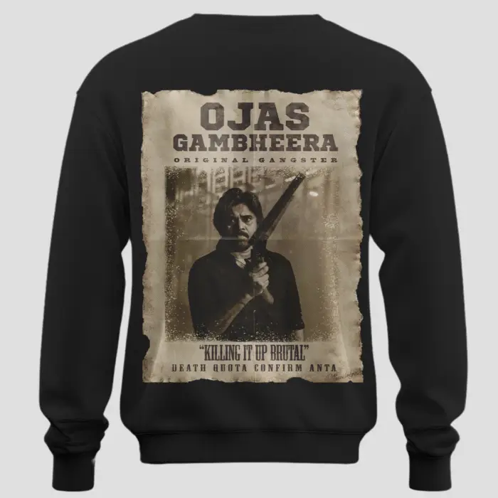 OG Ojas Gambheera Unisex Sweatshirt with vintage poster graphic and shotgun pose.