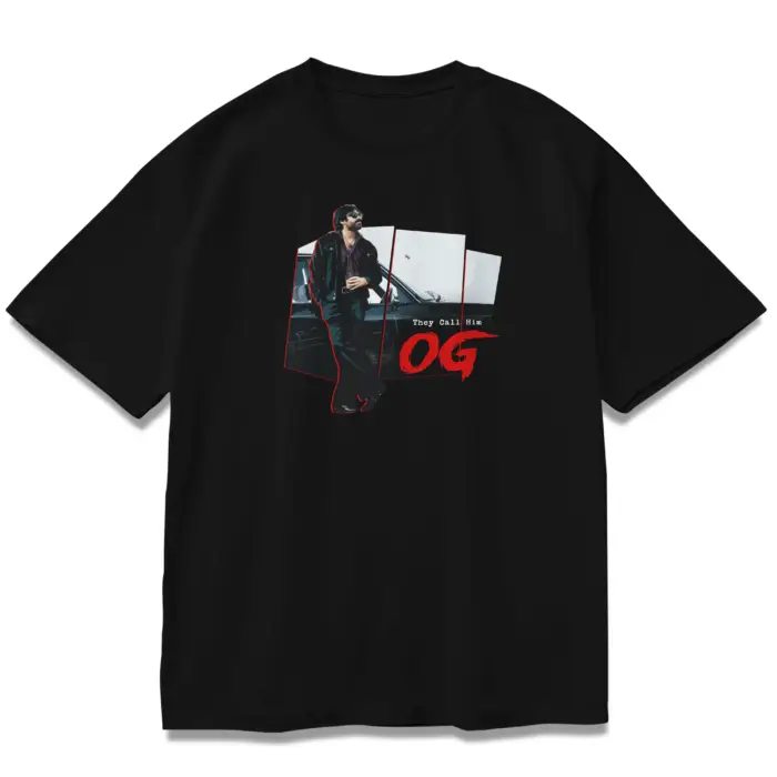 OG “They Call Him OG” Oversized Black T-Shirt featuring Pawan Kalyan leaning against a car with red frame accents.