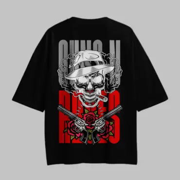 OG Oversized Black T-Shirt featuring skull artwork with hat, roses, and dual guns.