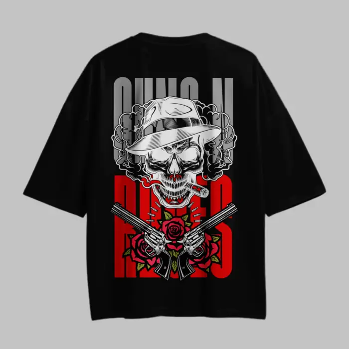 OG Oversized Black T-Shirt featuring skull artwork with hat, roses, and dual guns.