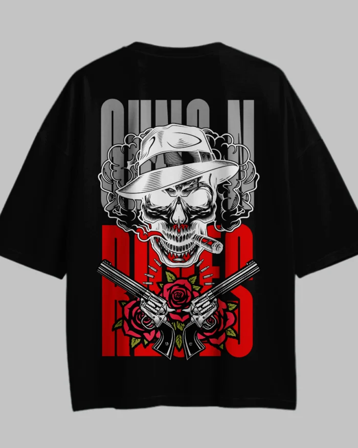 OG Oversized Black T-Shirt featuring skull artwork with hat, roses, and dual guns.