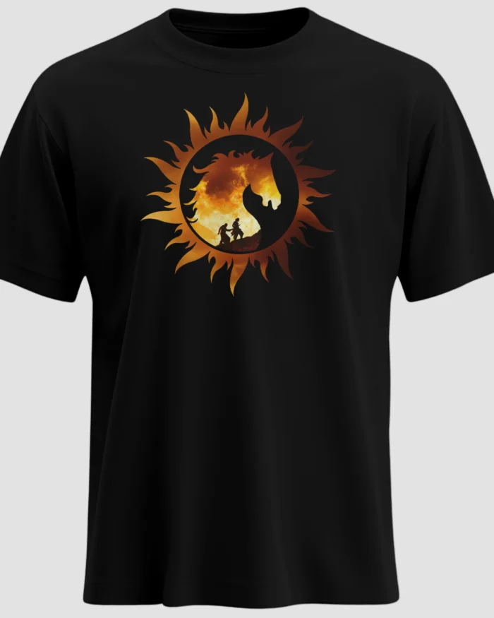 Bahubali Re-Release Edition T-Shirt in black with fiery sun design inspired by the epic movie, unisex regular fit cotton tee by Kloch