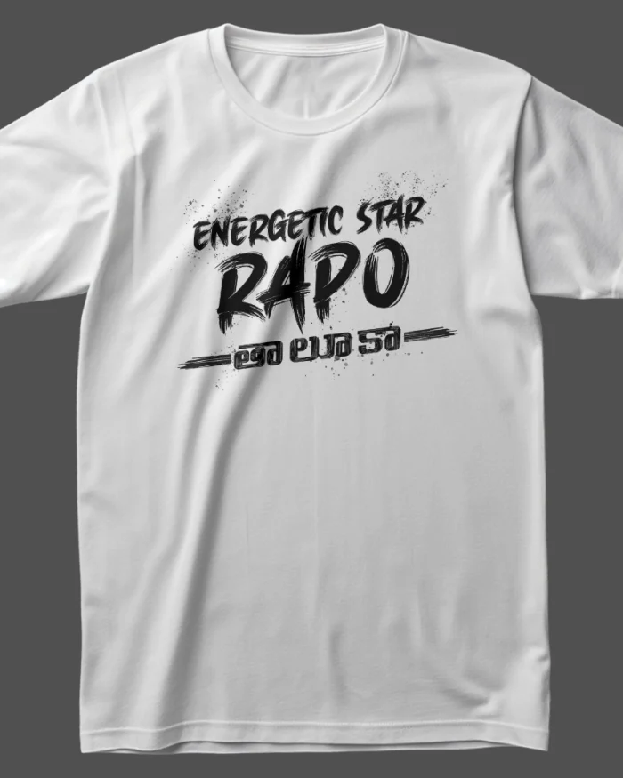 White Andhra King Taluka Unisex T-Shirt inspired by Ram Pothineni – Energetic Star RAPO graphic – 180 GSM Cotton