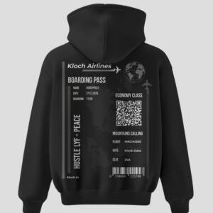 Black unisex hoodie featuring a front seat-tag graphic and a full Kloch Airlines boarding-pass design on the back.