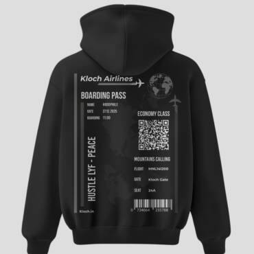 Black unisex hoodie featuring a front seat-tag graphic and a full Kloch Airlines boarding-pass design on the back.