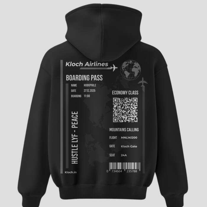 Black unisex hoodie featuring a front seat-tag graphic and a full Kloch Airlines boarding-pass design on the back.