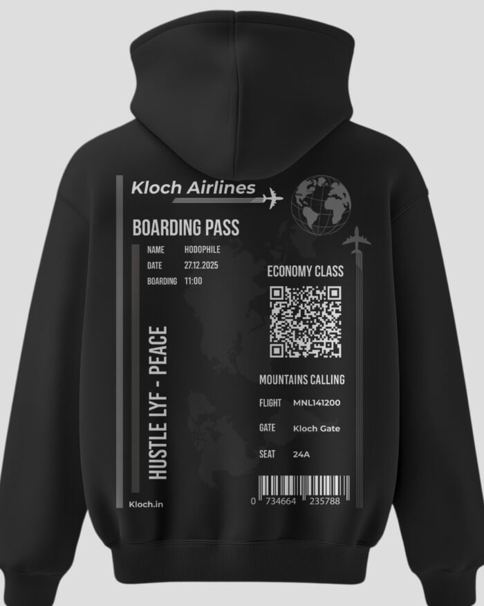 Black unisex hoodie featuring a front seat-tag graphic and a full Kloch Airlines boarding-pass design on the back.