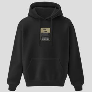 Black unisex hoodie featuring a front seat-tag graphic and a full Kloch Airlines boarding-pass design on the back.