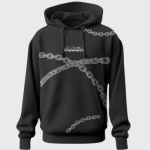 Black unisex cotton hoodie with metallic chain graphic and KLOCH branding 300 gsm streetwear style